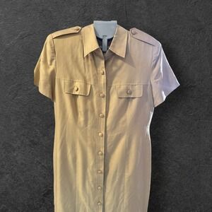 August Silk Shirt Dress Women's 10 Beige 100% Silk Safari Style Short Sleeve Vtg